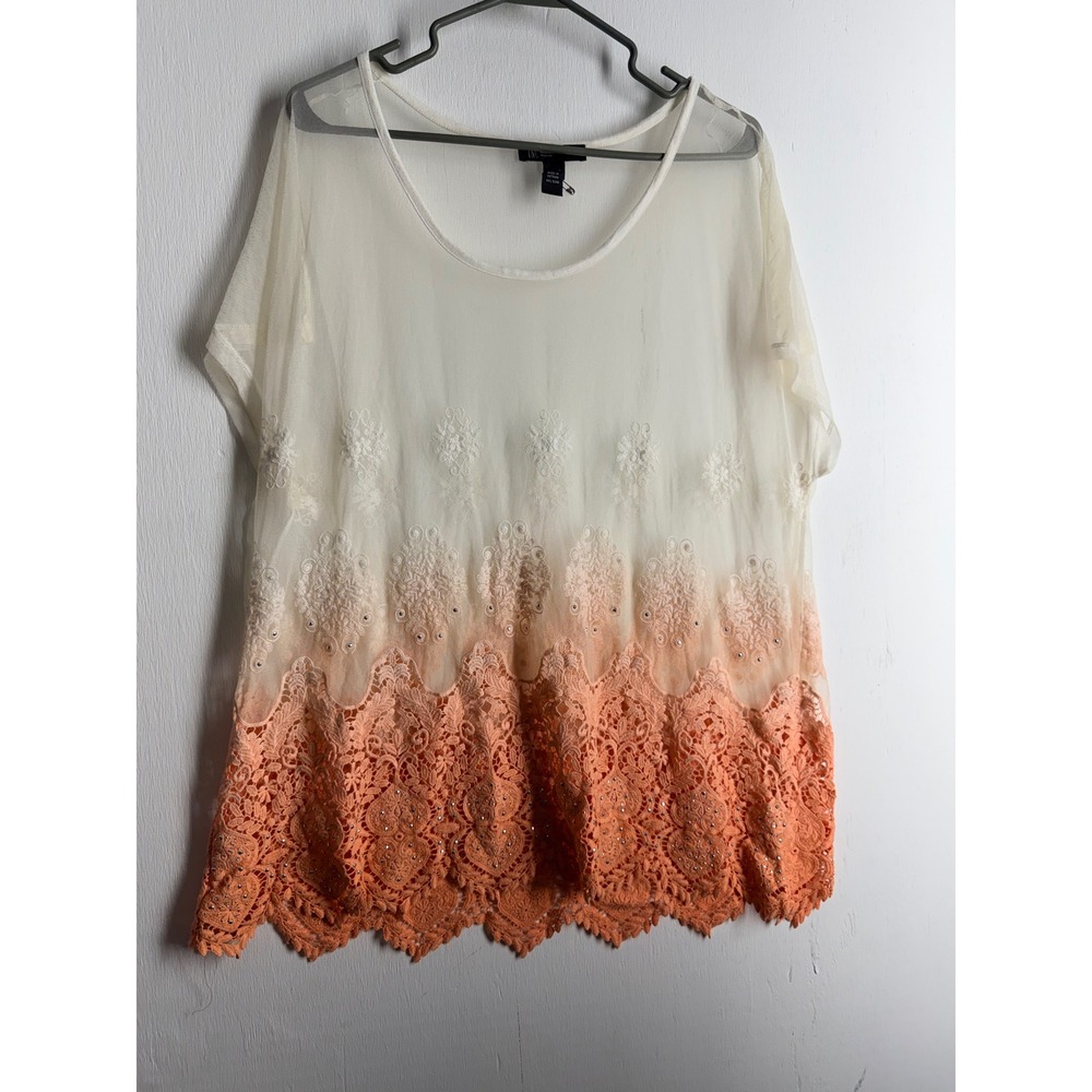 INC International Concepts Ombre Lace Mesh Top Coral Cream Rhinestone 1X Blouse